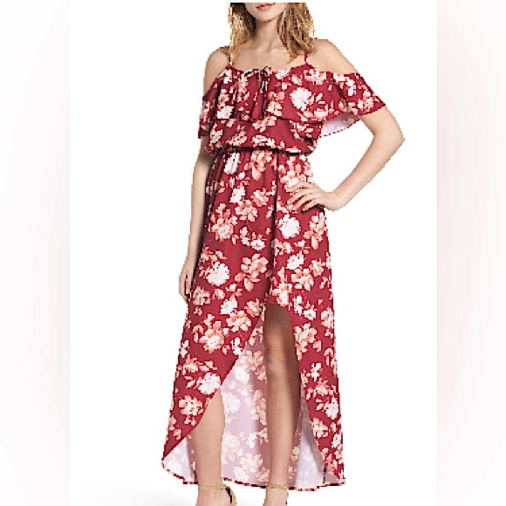 Floral Cold Shoulder Spaghetti Strap WINE RED CREAM Asymmetrical Dress EUC XS